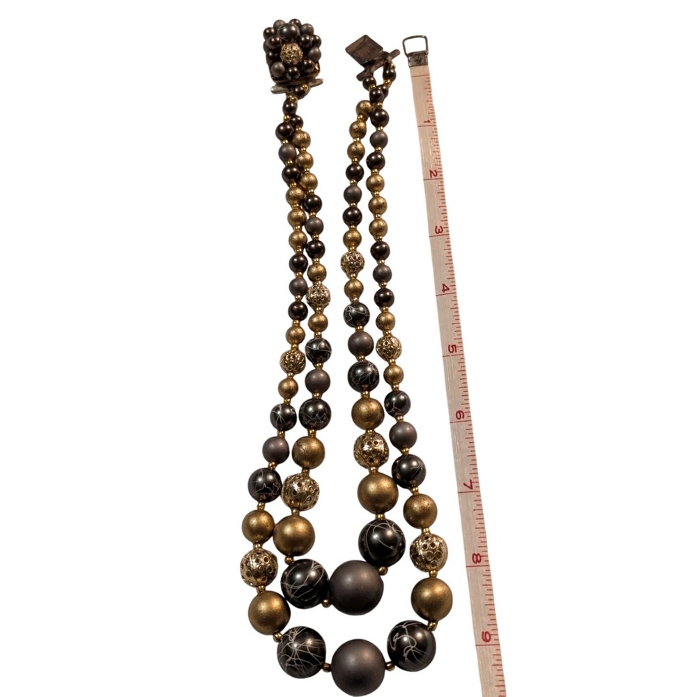Vintage Double Strand Beaded Necklace Gold Grey Black Statement Box Clasp 17in